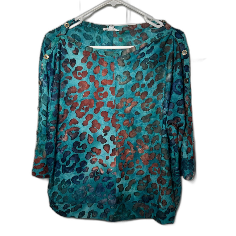 Westbound Petites PM Blouse Teal Animal Print Semi Sheer Button Sleeve Top